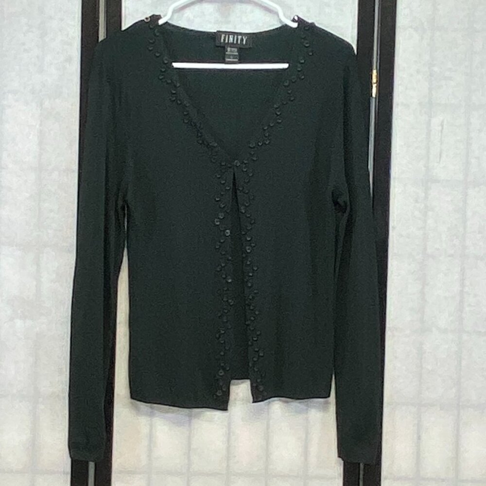Finity Rib Knit Open Cardigan Black Sweater V-Neck Button Accent L Long Sleeve